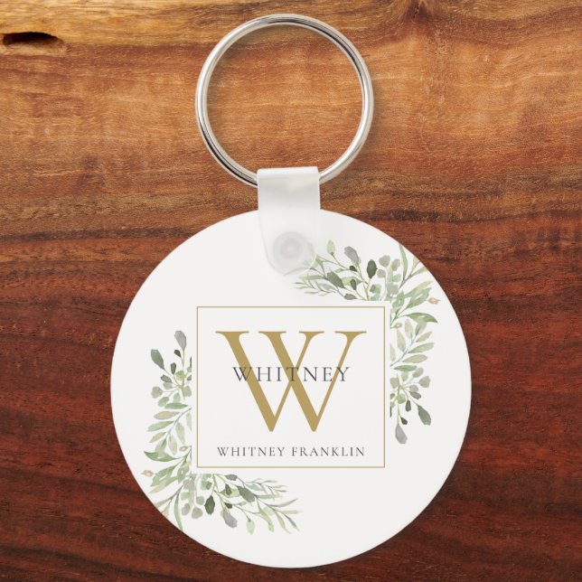Gold Monogram Elegant Greenery Keychain (Front)