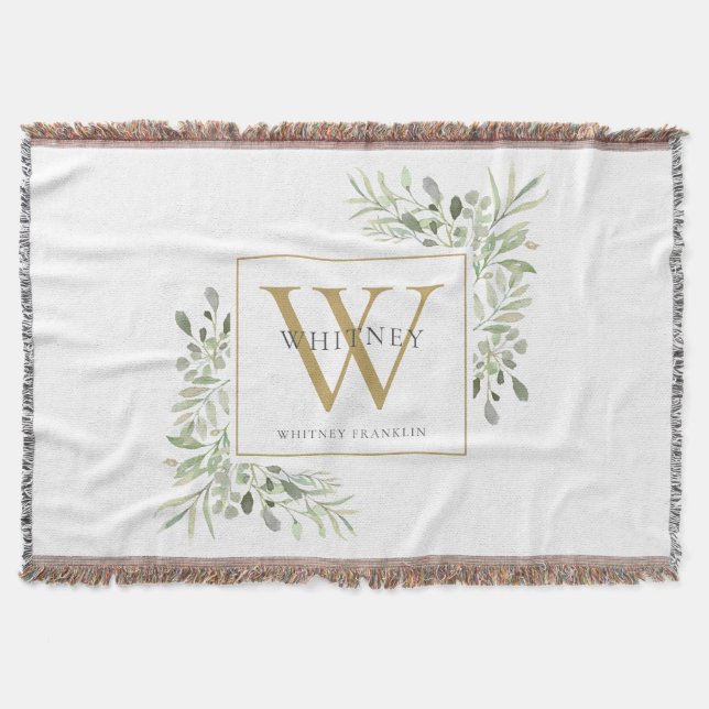 Gold Monogram Elegant Greenery Modern Throw Blanket (Front)
