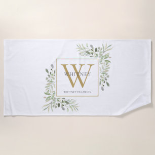 Gold Monogram Elegant Modern Greenery Beach Towel