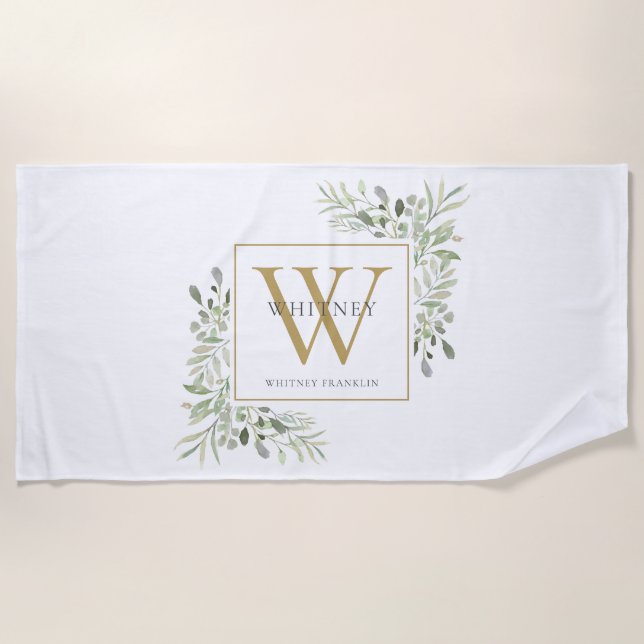 Gold Monogram Elegant Modern Greenery Beach Towel (Front)