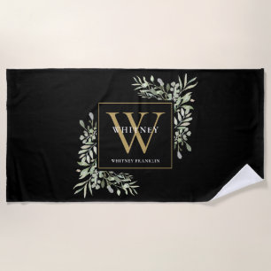 Gold Monogram Elegant Modern Greenery Black Beach Towel