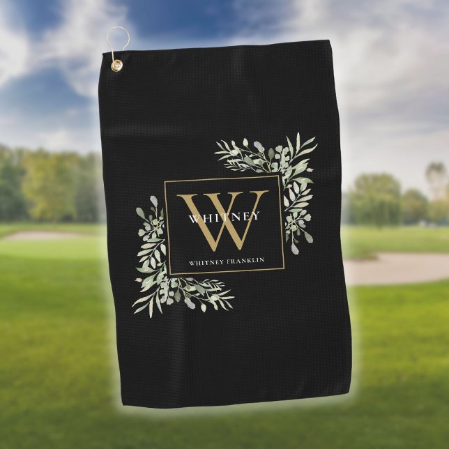 Gold Monogram Elegant Modern Greenery Black Golf Towel (Creator Uploaded)