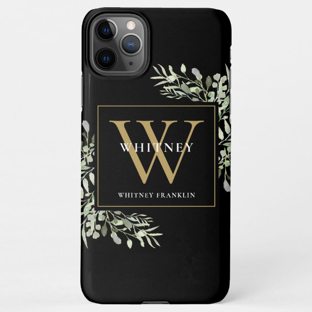 Gold Monogram Elegant Modern Greenery Black iPhone Case (Back)