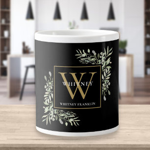 Gold Monogram Elegant Modern Greenery Black Large Coffee Mug