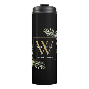 Gold Monogram Elegant Modern Greenery Black Thermal Tumbler