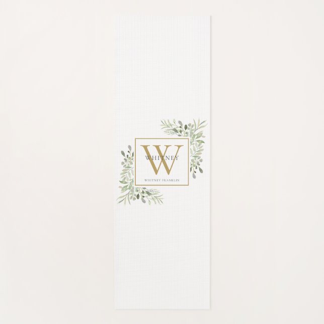 Gold Monogram Elegant Modern Greenery Black White Yoga Mat (Front)