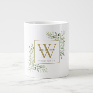 Gold Monogram Elegant Modern Greenery Large Coffee Mug