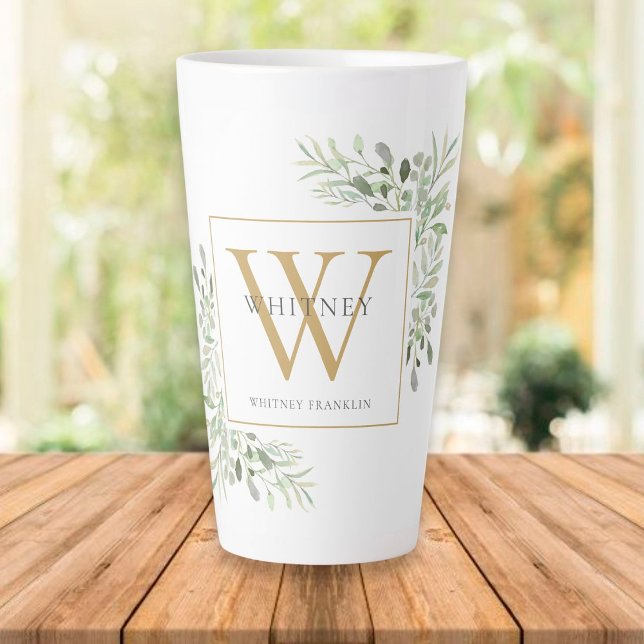 Gold Monogram Elegant Modern Greenery  Latte Mug (Creator Uploaded)