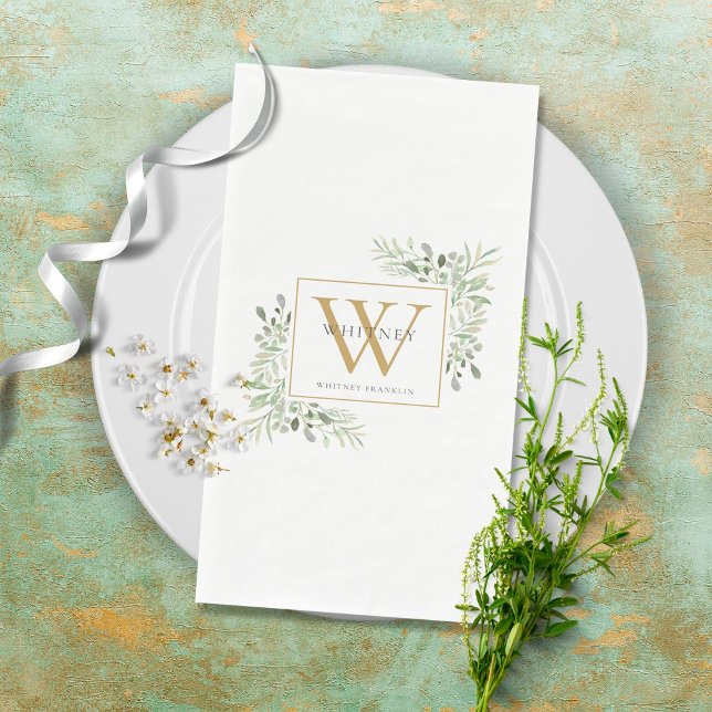 Gold Monogram Elegant Modern Greenery Napkin (Creator Uploaded)