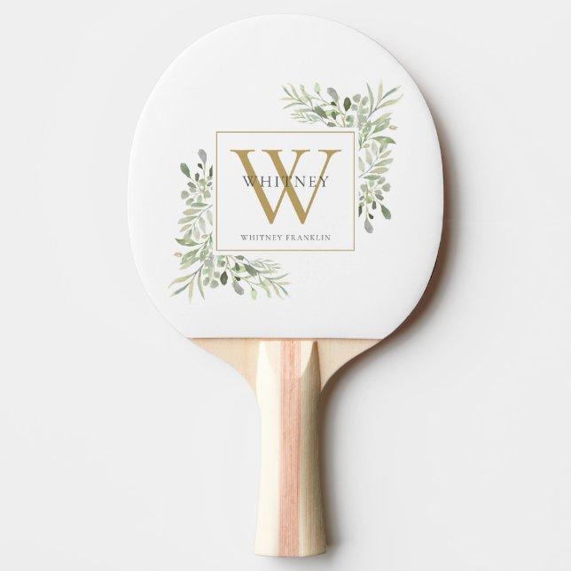 Gold Monogram Elegant Modern Greenery Ping Pong Paddle (Front)
