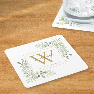 Gold Monogram Elegant Modern Greenery Square Paper Square Paper Coaster