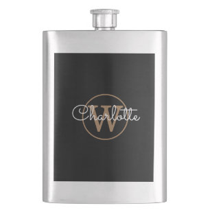 Gold Monogram Elegant Modern Script Black  Hip Flask