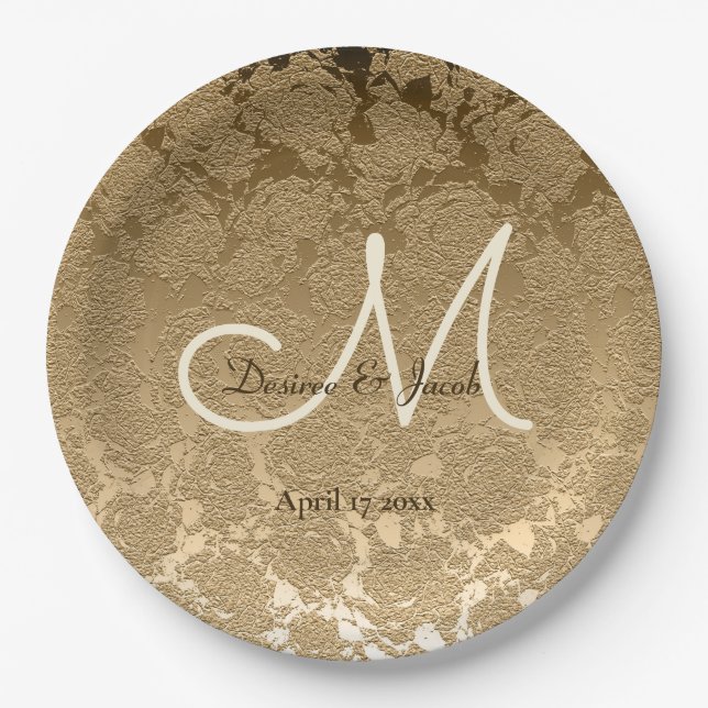 Gold Monogram Elegant Modern Wedding Paper Plate (Front)