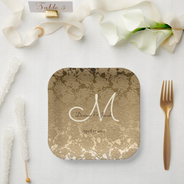 Gold Monogram Elegant Modern Wedding Paper Plate (Wedding)