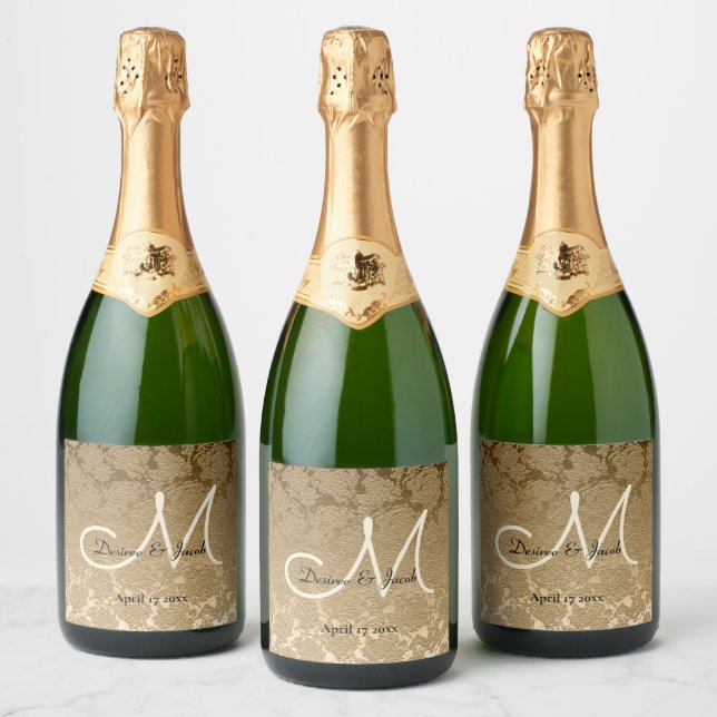 Gold Monogram Elegant Modern Wedding Sparkling Wine Label (Bottles)