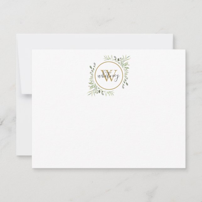 Gold Monogram Elegant Script Greenery  Card (Front)