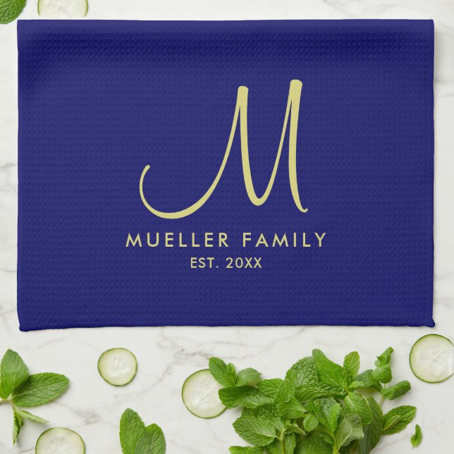 Gold Monogram Family Name Navy Blue Solid Colour Tea Towel (Folded)