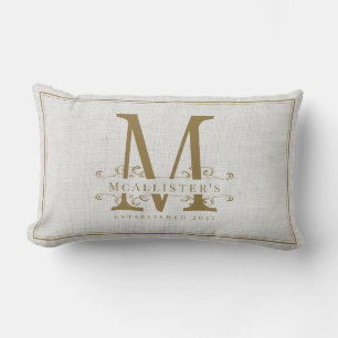 Gold Monogram Family Newlywed Elegant Linen  Lumbar Cushion