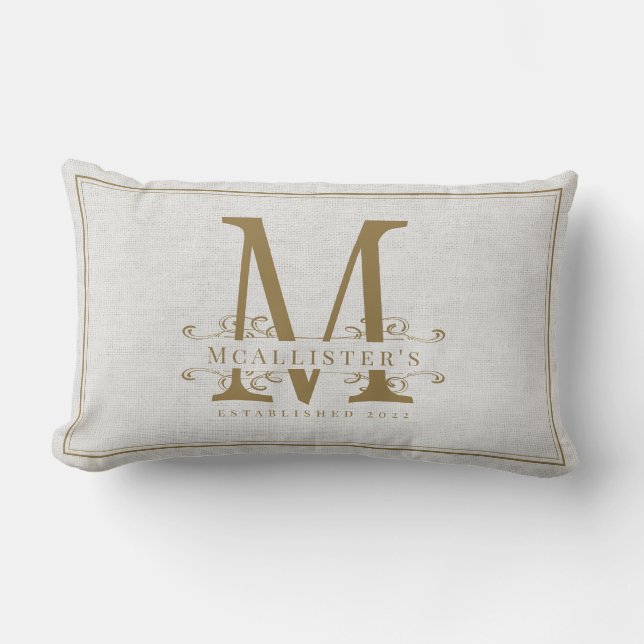Gold Monogram Family Newlywed Elegant Linen  Lumbar Cushion (Front)