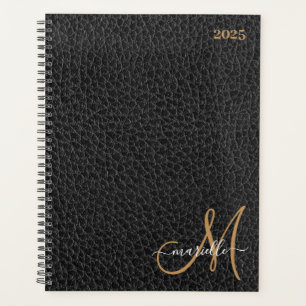 Gold Monogram Faux Black Leather Weekly Monthly  Planner