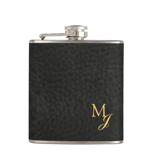 Gold Monogram Faux Leather Hip Flask (Front)
