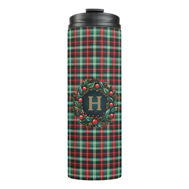 Gold Monogram Festive Green Red  Thermal Tumbler (Front)