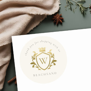 Gold Monogram Floral Crown Crest Order Thank you Classic Round Sticker