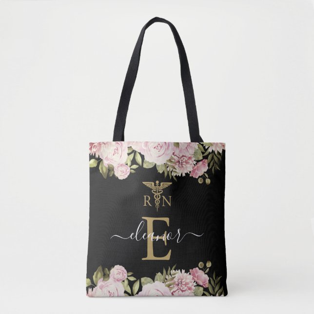 Gold Monogram Floral Registered Nurse Graduation T Tote Bag (Front)