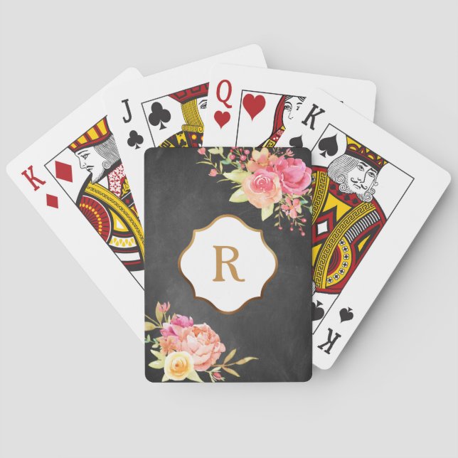 Gold Monogram & Florals on Textured Chalkboard Playing Cards (Back)
