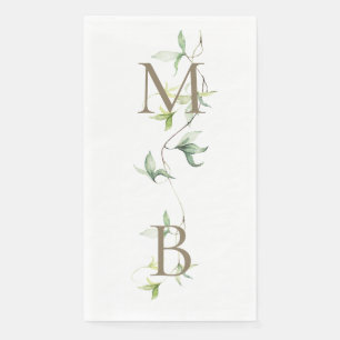 Gold Monogram Foliage White Elegant Wedding  Napkin
