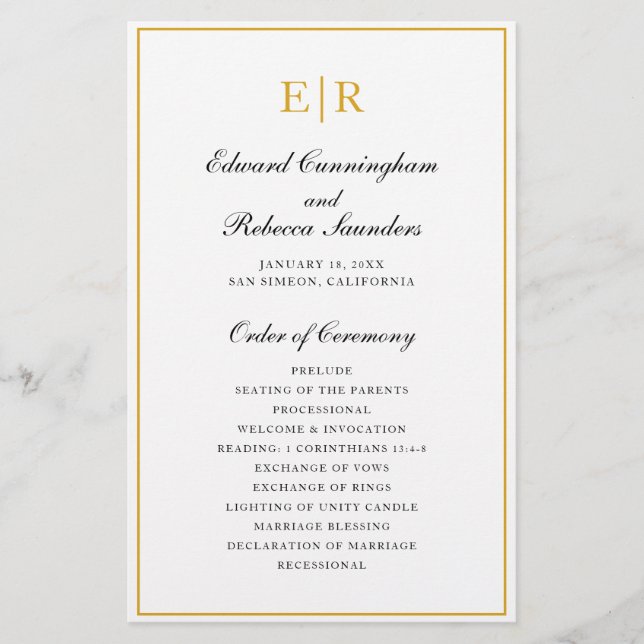 Gold Monogram Formal Budget Wedding Program Flyer (Front)