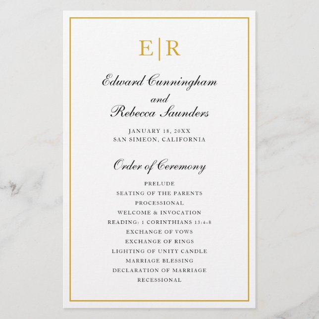 Gold Monogram Formal Budget Wedding Program Flyer (Front)