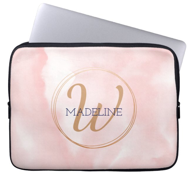 Gold Monogram Gold with Pink Watercolor Background Laptop Sleeve (Front)