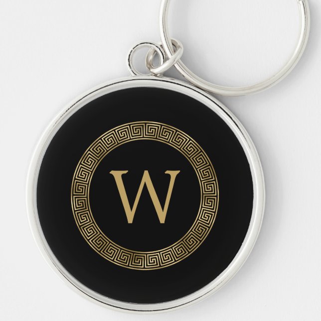 Gold Monogram Greek Key Frame Black Key Ring (Front)