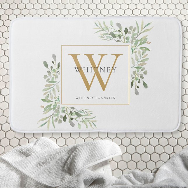 Gold Monogram Greenery Bath Mat (Creator Uploaded)