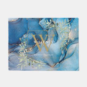 Gold Monogram Greenery Blue Agate Geode Doormat