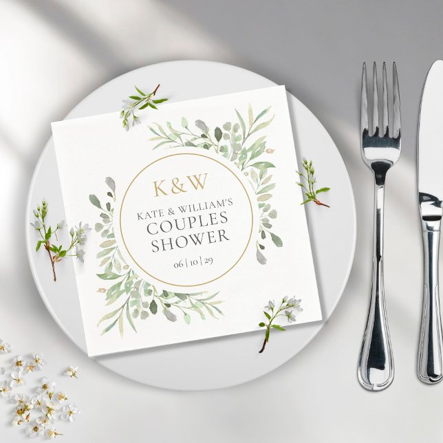 Gold Monogram Greenery Couples Wedding Shower Napkin (Creator Uploaded)