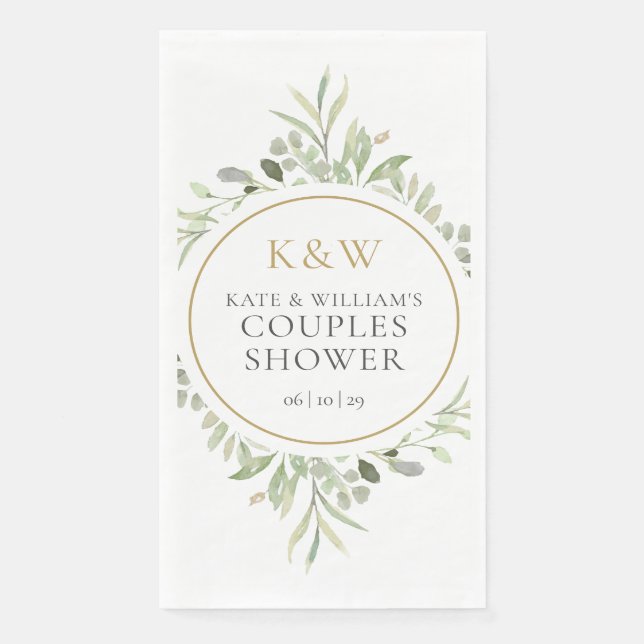 Gold Monogram Greenery Couples Wedding Shower Napkin (Front)