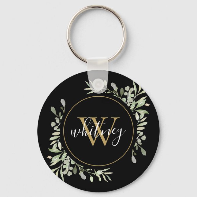 Gold Monogram Greenery Elegant Script Black Key Ring (Front)