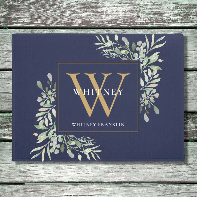 Gold Monogram Greenery Floral Navy Blue Doormat (Creator Uploaded)