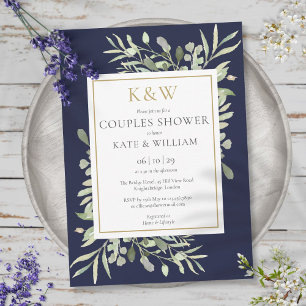 Gold Monogram Greenery Navy Blue Couples Shower Invitation