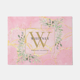 Gold Monogram Greenery Pink Agate Geode Doormat