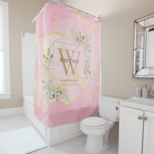 Gold Monogram Greenery Pink Agate Geode Shower Curtain (In Situ)