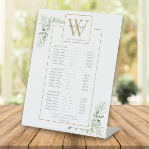 Gold Monogram Greenery Service Menu Price List Pedestal Sign