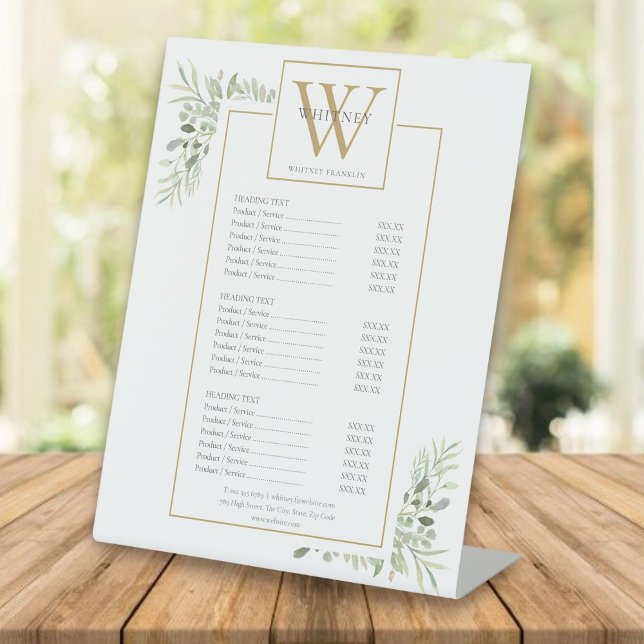 Gold Monogram Greenery Service Menu Price List Pedestal Sign (Gold Monogram Greenery Service Menu Price List Pedestal Sign)