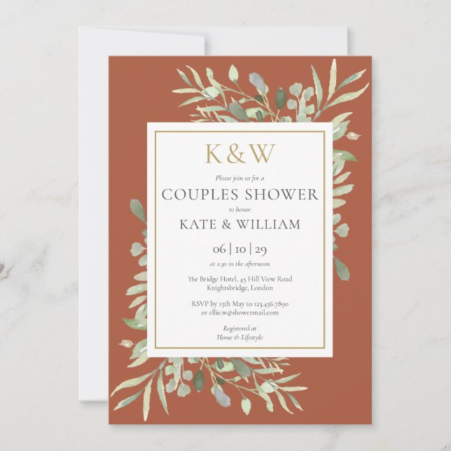 Gold Monogram Greenery Terracotta Couples Shower Invitation (Front)