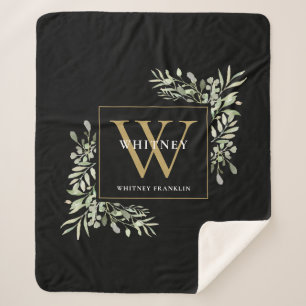 Gold Monogram Greenery Watercolor Black Sherpa Blanket