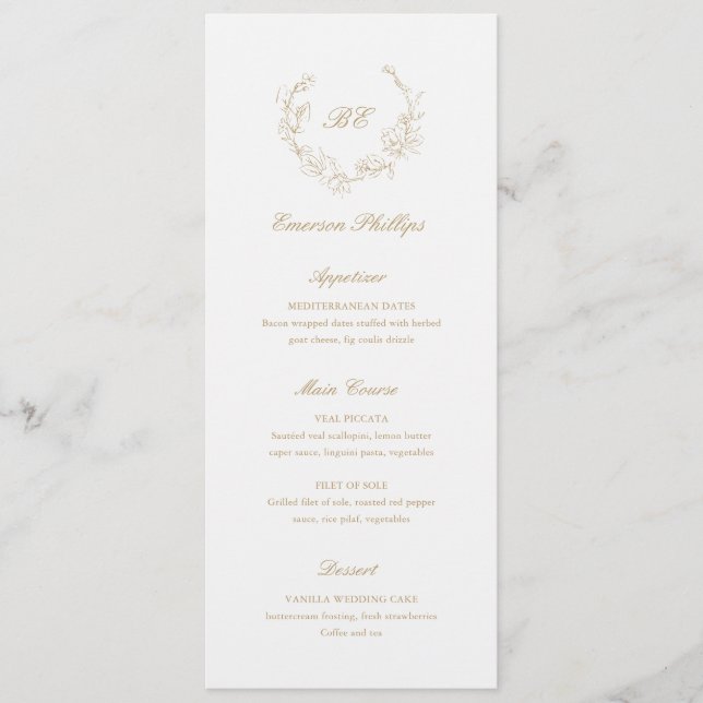Gold Monogram Guest Name Elegant Wedding Menu (Front)