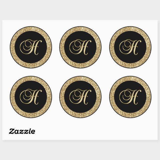 Gold Monogram H on black Classic Round Sticker (Sheet)