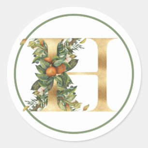 GOLD MONOGRAM H WITH SUMMER FOLIAGE CLASSIC ROUND STICKER